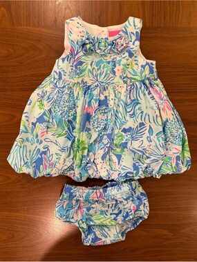 Lilly Pulitzer Baby Floral Bubble Dress and Bloomers - Blue, Pink & Green 12-18m